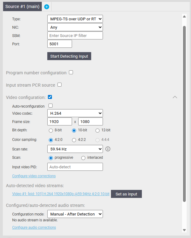 Figure 26: INPUT NETWORK STREAM CONFIGURATION
